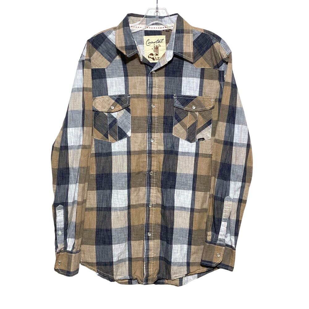 Coastal Western Pearl Snap Button Down Shirt Brown Blue Check Mens L Cotton